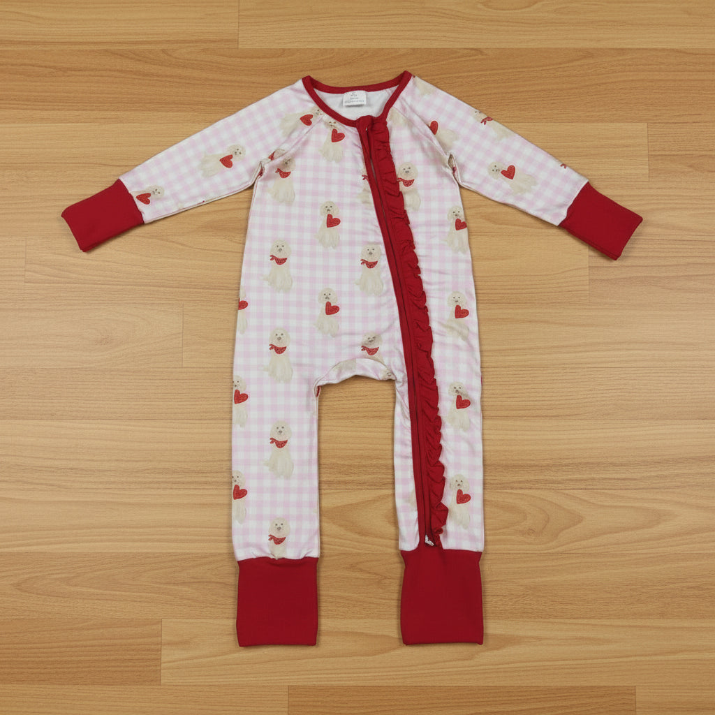 pink gingham coquette-pups zip sleeper baby clothes