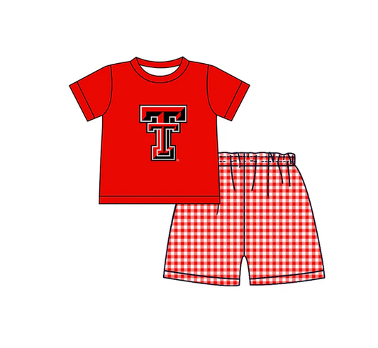 MOQ 5 pcs orange-red short sleeves T top plaids shorts boys team outfit