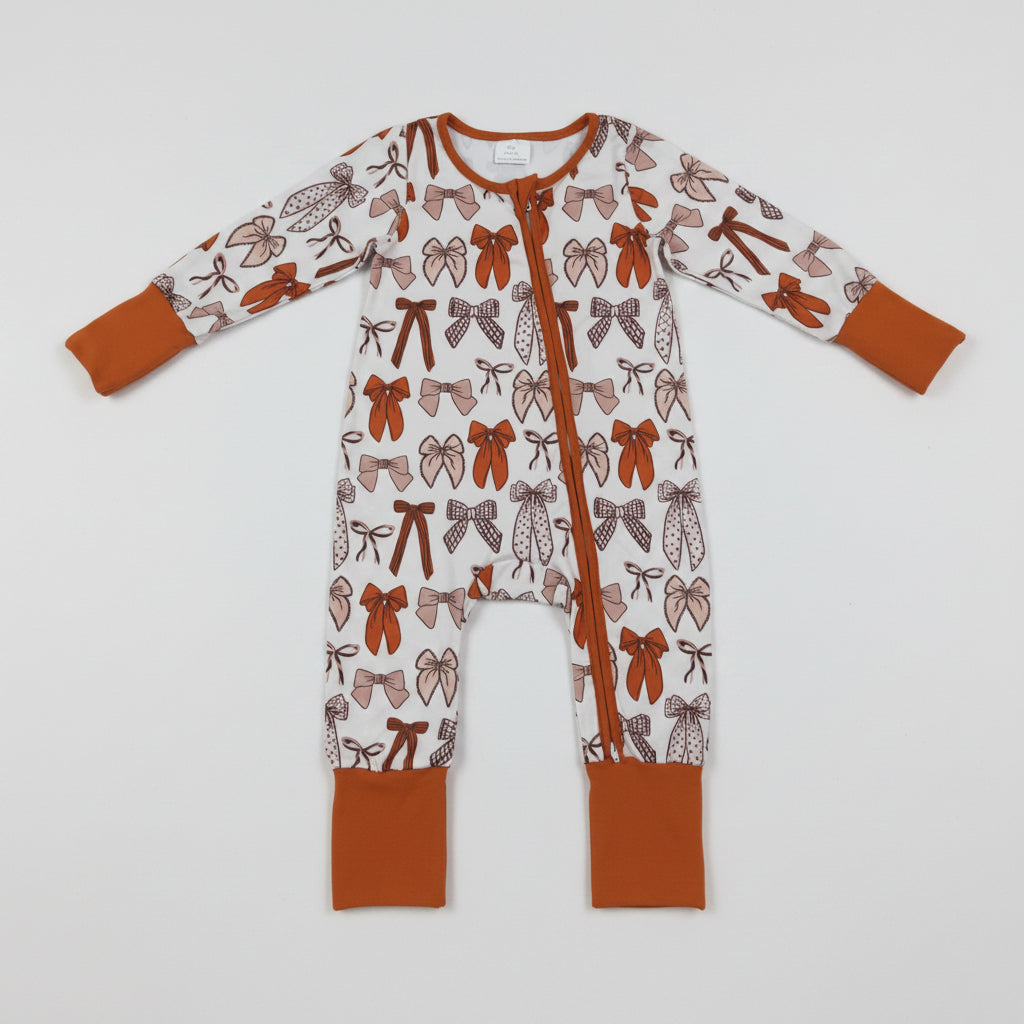 LR3158 brown coquette bow print zippy fall baby clothing