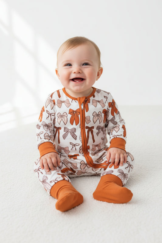 LR3158 brown coquette bow print zippy fall baby clothing