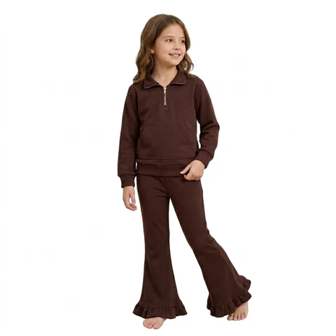 solid color thick sweatershirt pullover pants set brown