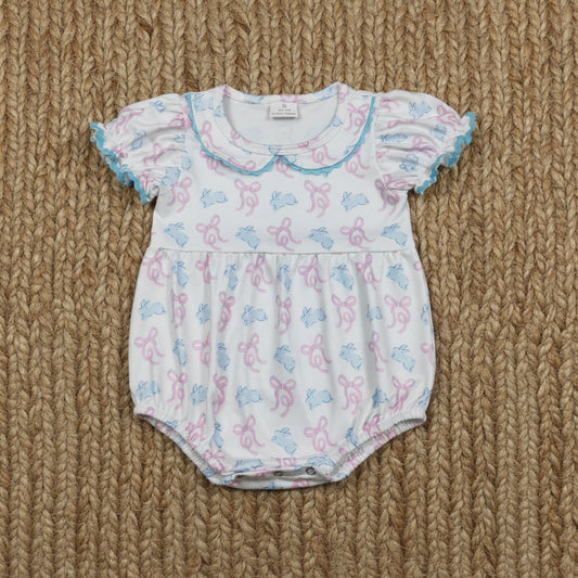 pink bow blue bunny print collared bubble