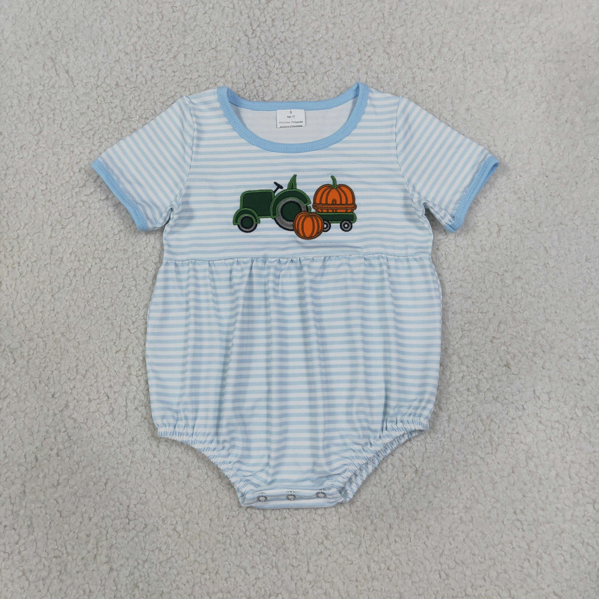 blue stripes pumpkin tractor embroidery boy romper