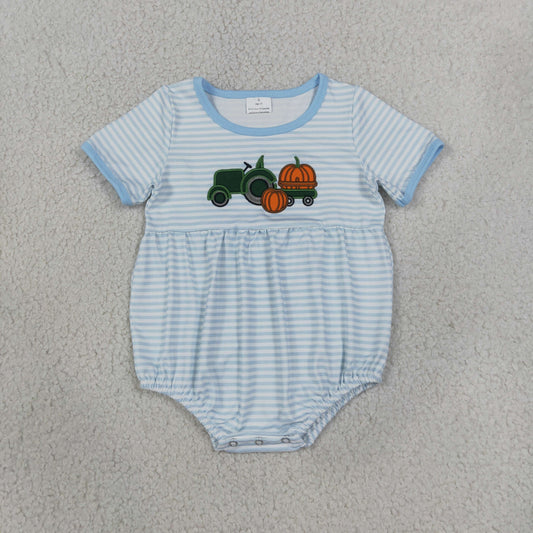 blue stripes pumpkin tractor embroidery boy romper