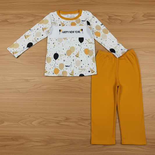 embroidery gold black balloon happy new year boy pants set