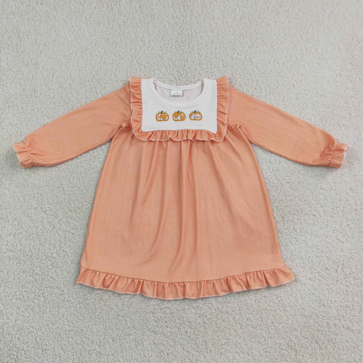 orange gingham dres with embroidery pumpkin