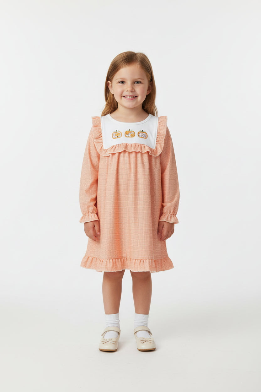 orange gingham dres with embroidery pumpkin