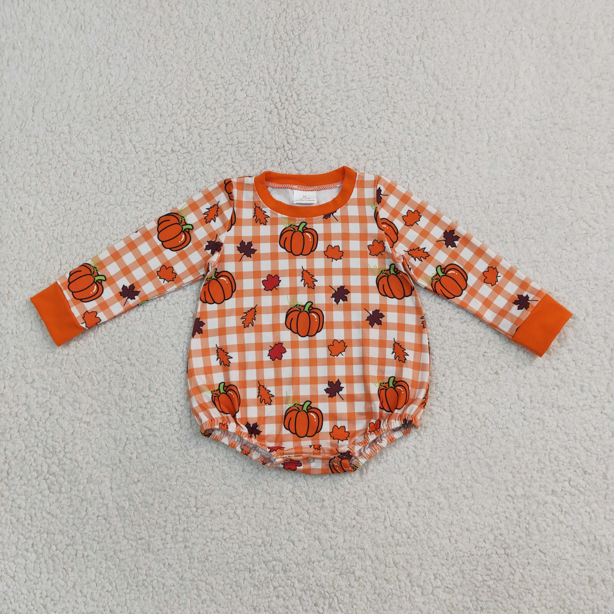 LR3236 orange plaid fall leaf pumpkin print boy romper