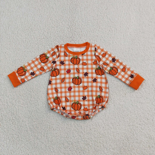 LR3236 orange plaid fall leaf pumpkin print boy romper