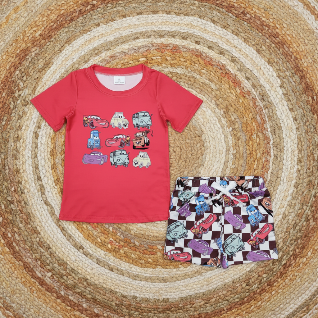 BSSO1159 Cartoon Car Red Short Sleeve Plaid Shorts Suit
