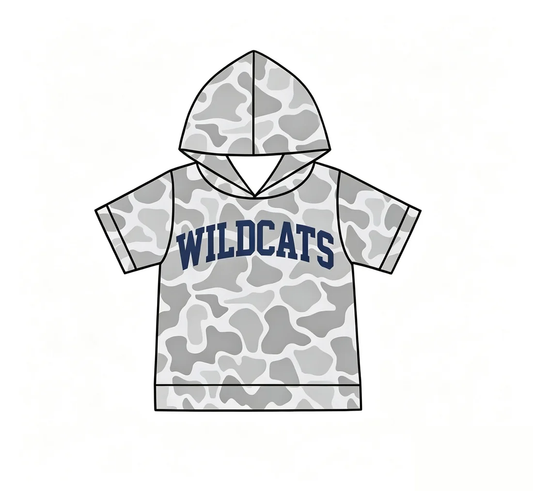 Custom order MOQ 5 Baby Boys Short Sleeve Grey Camo Wildcats Team Hoodies Top