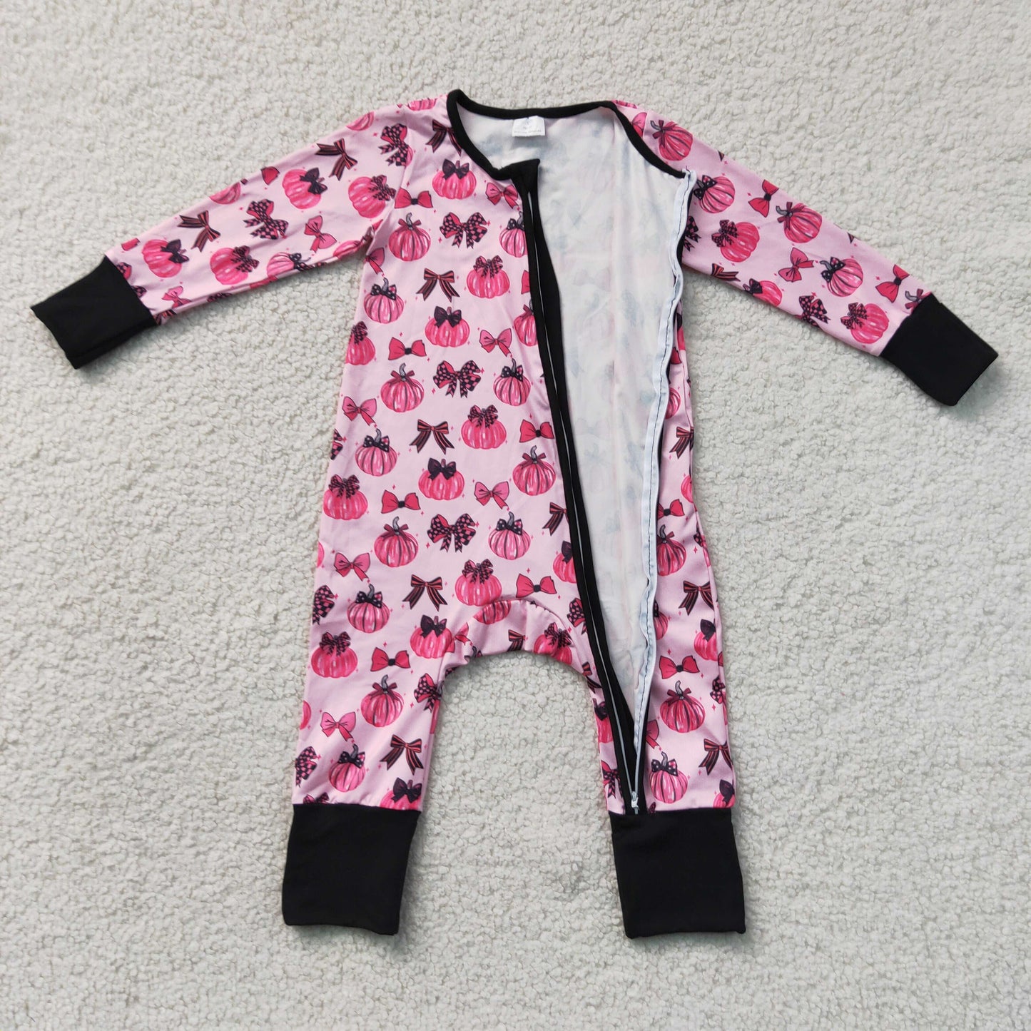LR3069 long sleeve pink pumpkin bow zip romper fall baby clothing