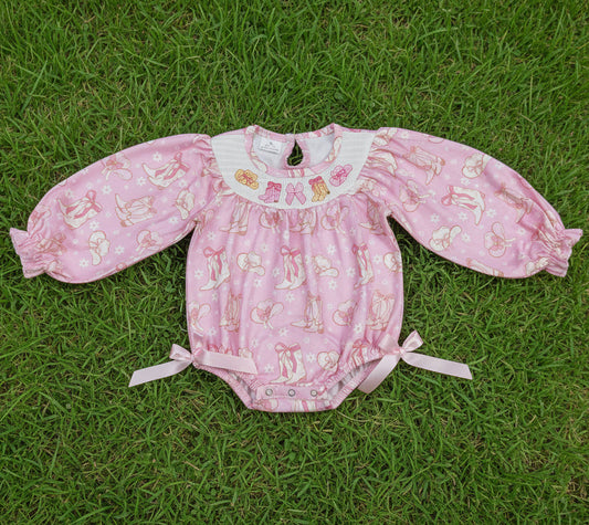 long sleeve pink cowgirl boots embroidery smock romper baby clothes