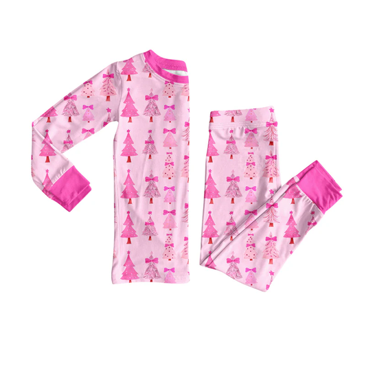Custom Baby Girls Christmas Pink Trees Top Pants Lounge Wear Pajamas Sets D 8.13