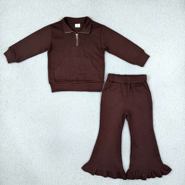 solid color thick sweatershirt pullover pants set brown