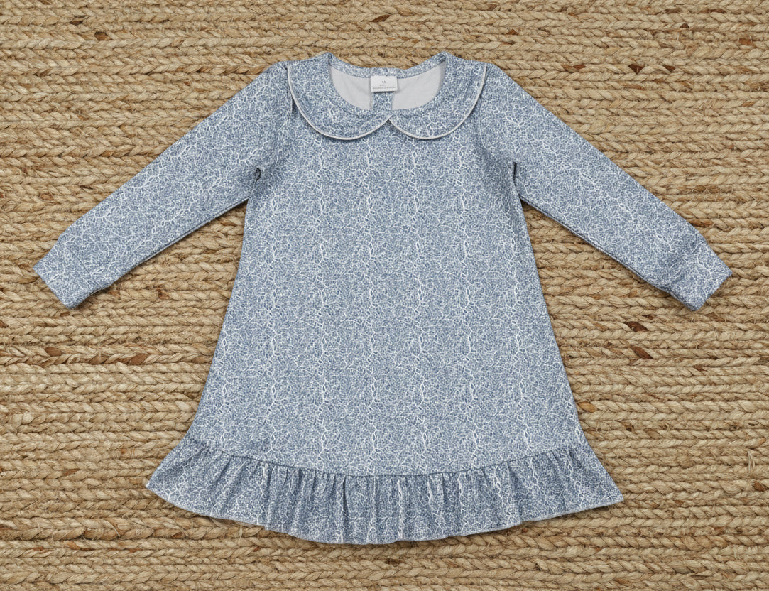 GLD1424 long sleeve blue floral collared ruffle dress