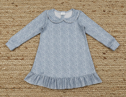 GLD1424 long sleeve blue floral collared ruffle dress