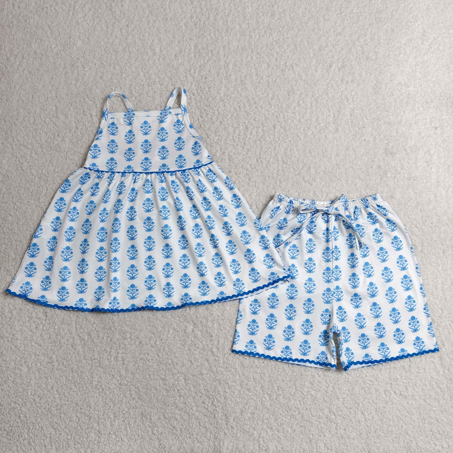 blue bow flower suspender shorts set