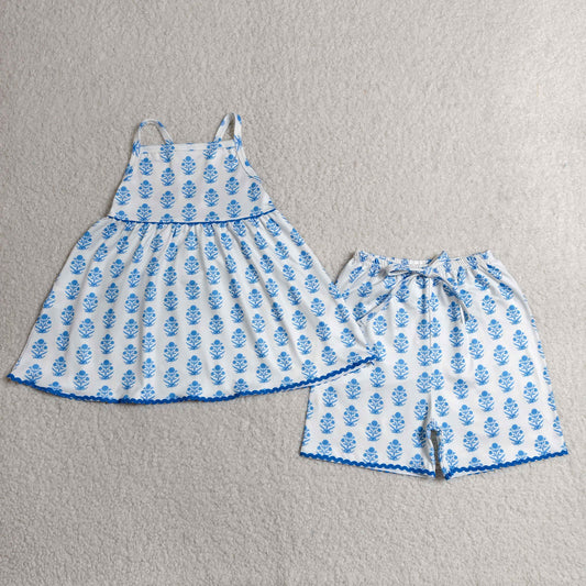 blue bow flower suspender shorts set
