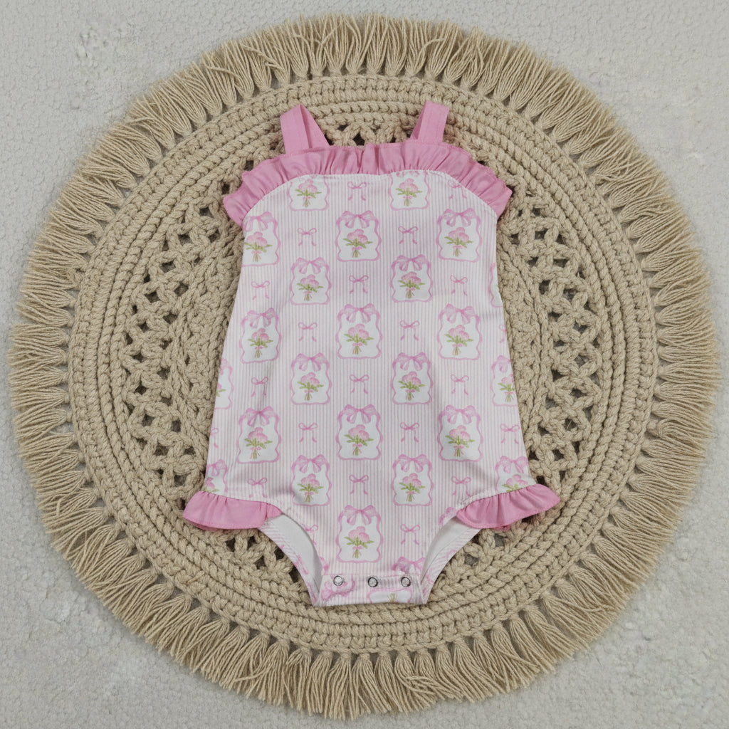 SR4112 pink floral stripes bow backless bubble romper baby girl clothes