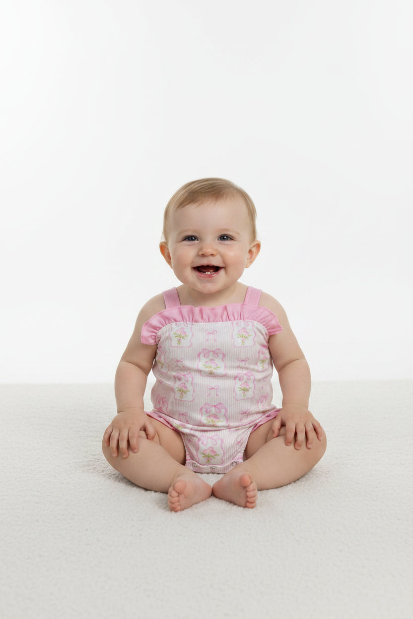 SR4112 pink floral stripes bow backless bubble romper baby girl clothes