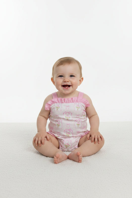 SR4112 pink floral stripes bow backless bubble romper baby girl clothes