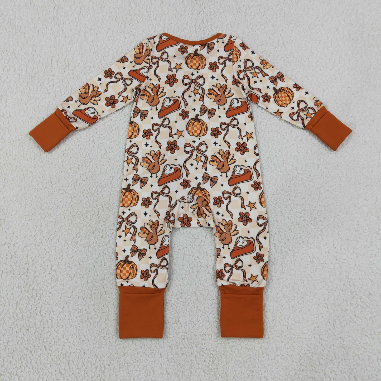 LR3119 brown long sleeve pumpkin pie turkey bow zipper sleeper baby clothing