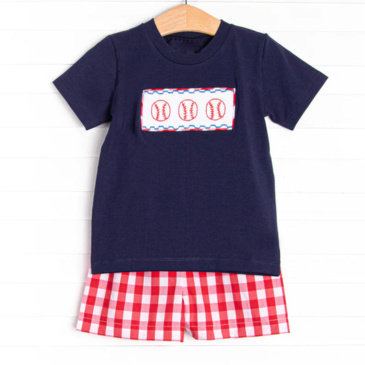 pre-order BSSO0795 Baseball navy blue short-sleeved red and white plaid shorts suit