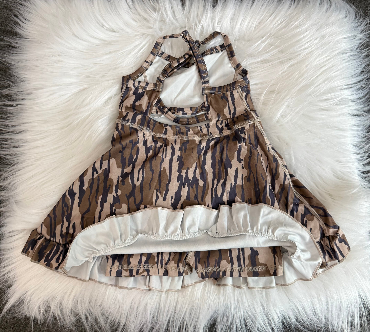 GSD2314  Baby Girls Strap Olive Bottomland Camo Yoga Ruffle Knee Length Dresses  D 8.4