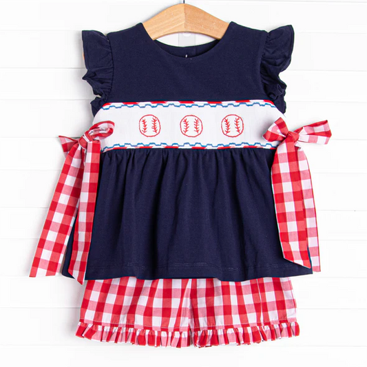 pre-order GSSO1010 Baseball red and white plaid bow navy blue flying sleeve shorts suit