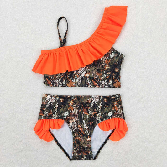 S0197 Jungle camouflage orange lace swimsuit set