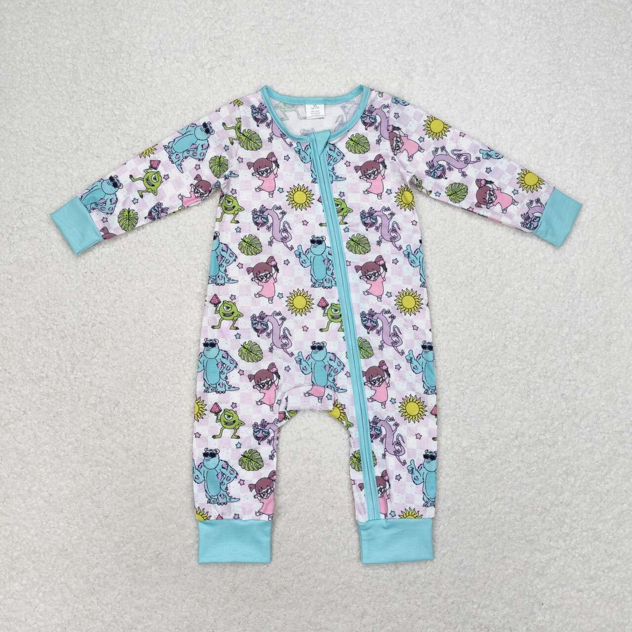 LR0988  Bamboo Cartoon Purple Plaid Zipper Long Sleeve Bodysuit