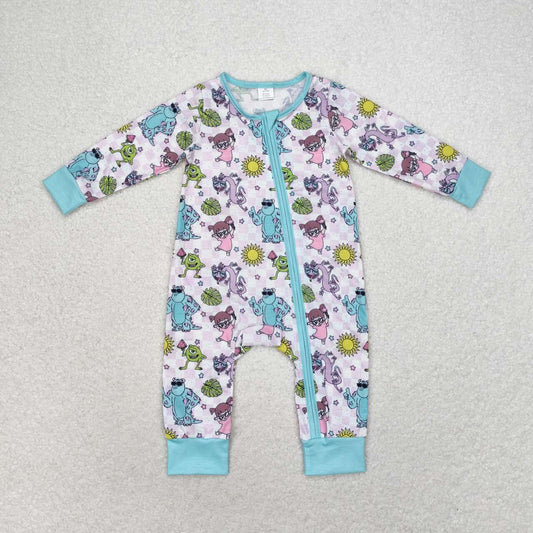 LR0988  Bamboo Cartoon Purple Plaid Zipper Long Sleeve Bodysuit