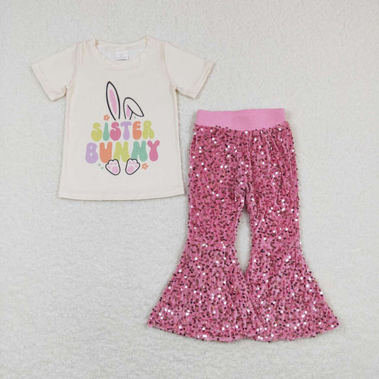 GT0394sister bunny beige short-sleeved top+D5-27 Rose sequin flared pants