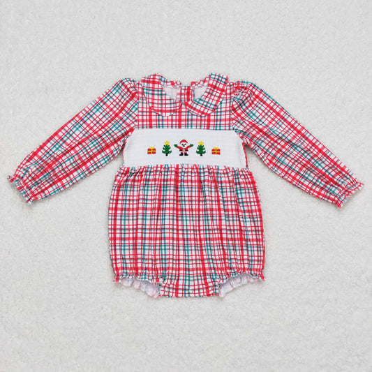 LR0571 smocked embroidery gift Santa Claus red and green plaid long-sleeved dress