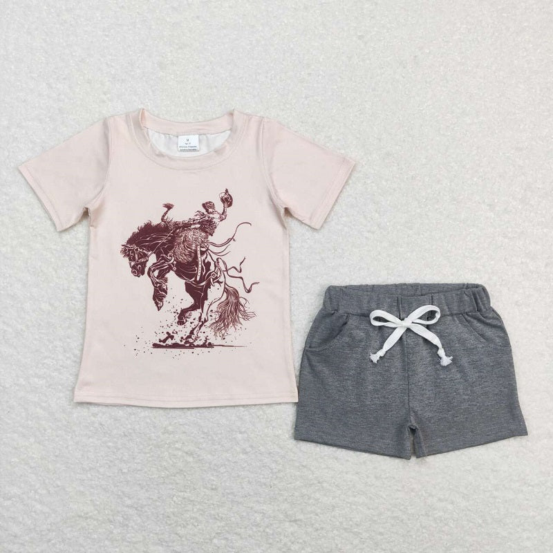 Horse riding champagne short sleeve light gray pocket shorts suit BT0434+SS0133