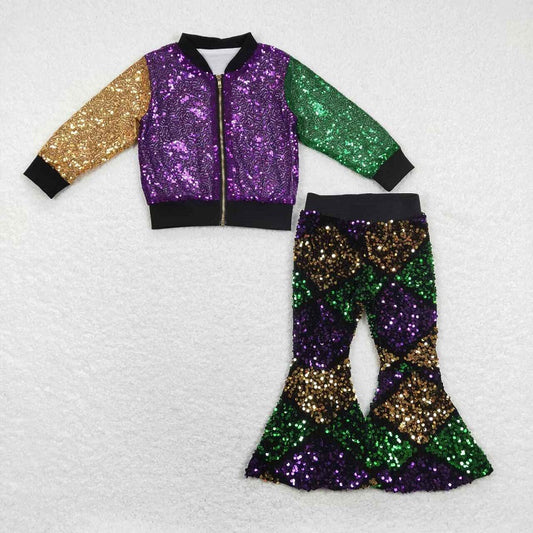 GLP1159  BT0451 +P0359 Carnival Purple Yellow Green Zip Jacket Diamond Plaid Sequin Pants Suit