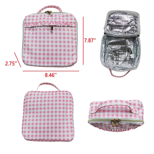 BA0088 Pink and white plaid lace lunch box bag