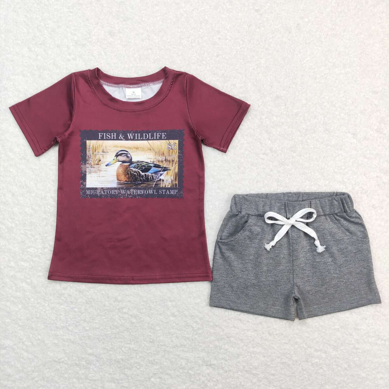 Mallard Stamp Burgundy Short Sleeve Light Gray Pocket Shorts Set BT0342+SS0133