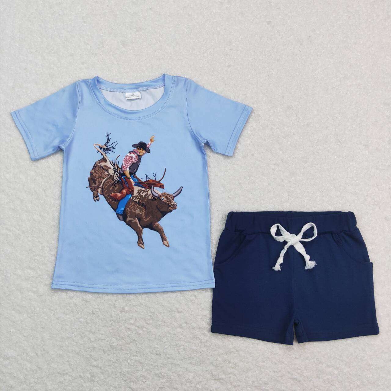 Bull riding blue short sleeve navy blue pocket shorts suit BT0435+SS0136
