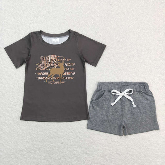 Star Elk Brown Short Sleeve Light Gray Pocket Shorts Set BT0440+SS0133