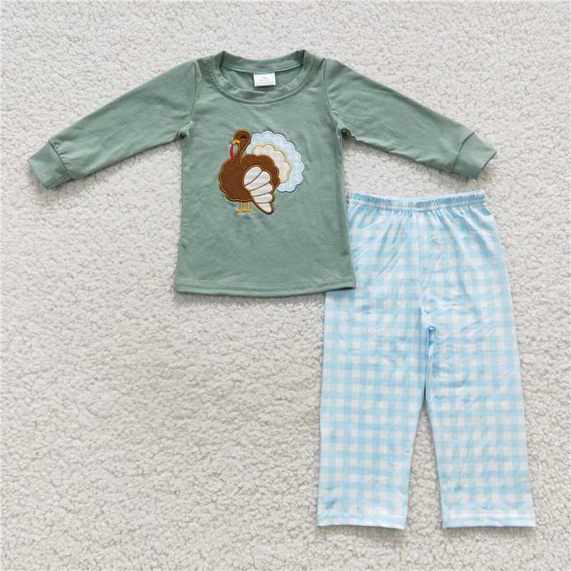 Match Girls Boys Thanksgiving Turkey Embroidery Rompers Clothes Sets