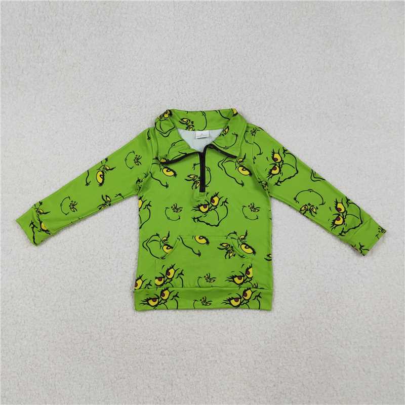 Mama and Me Green Face Plaid Pocket Zipper Christmas Pullover Tops D 927