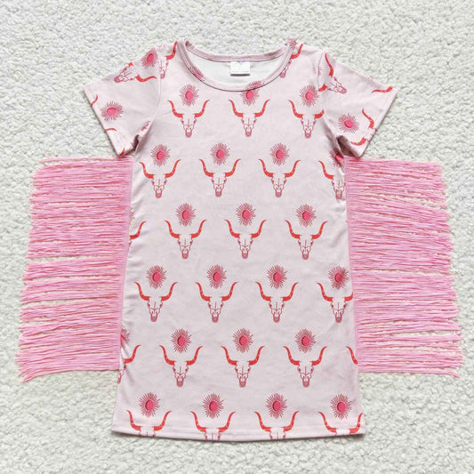 GSD0438 Alpine Cow Sun Pink Fringe Short Sleeve Dress