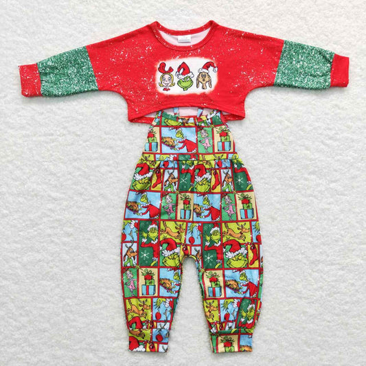 GLP0814 Cartoon  red and green long-sleeved plaid suspender jumpsuit and pants suit