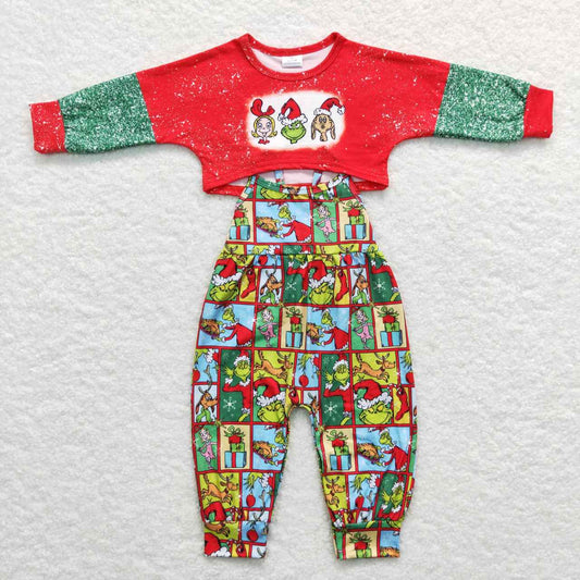 GLP0814 Cartoon red and green long-sleeved plaid suspender jumpsuit and pants suit