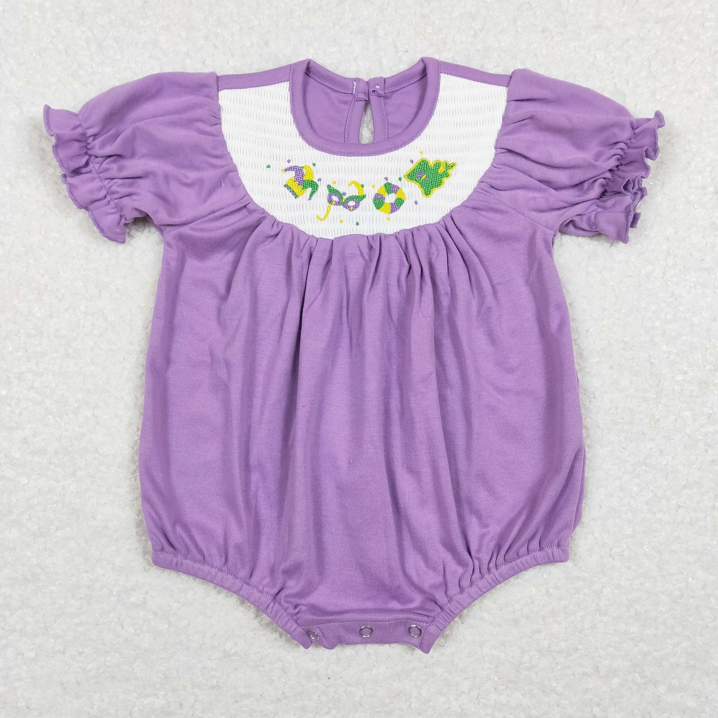 mardi gras purple smocked romper