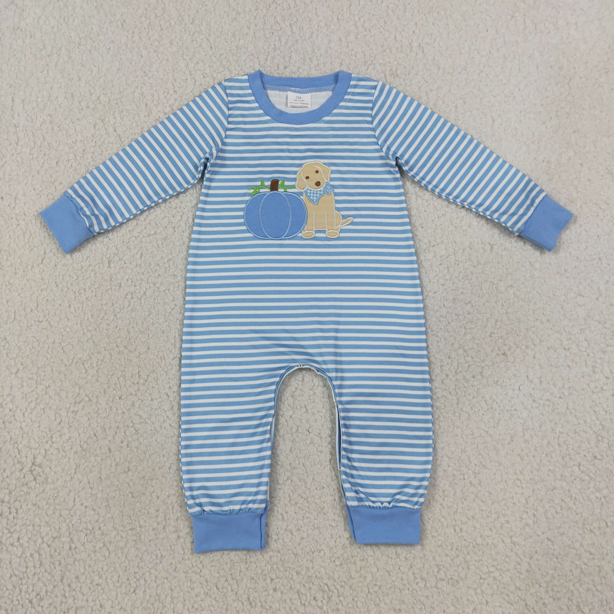 blue striped embroidery puppy pumpkin boy romper baby clothing