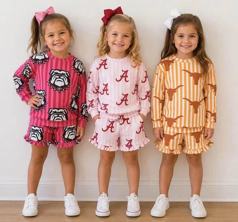 MOQ 5 pcs Custom Style School Team Mascot Stripe Kids Girls Shorts Set