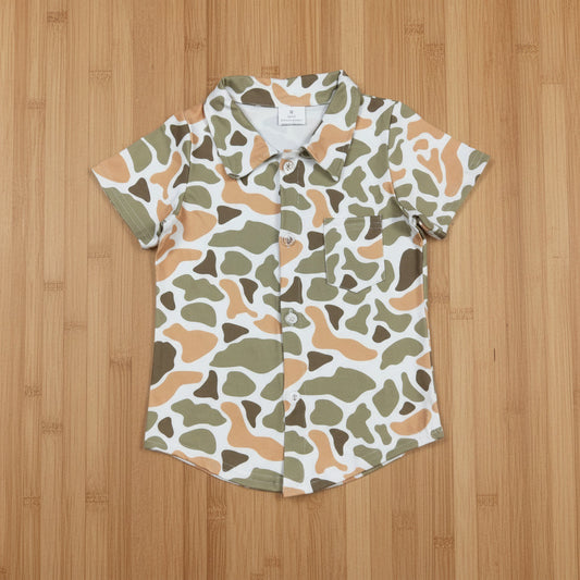 green camo button down t-shirt